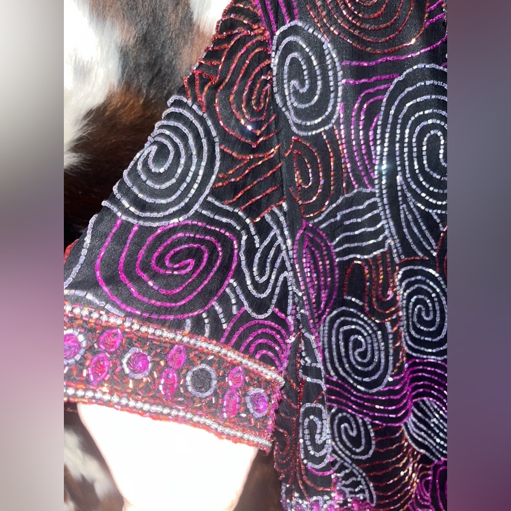 Laurence Kazar black 100% silk beaded pink and purple floral swirl top size 1X - Picture 6 of 7